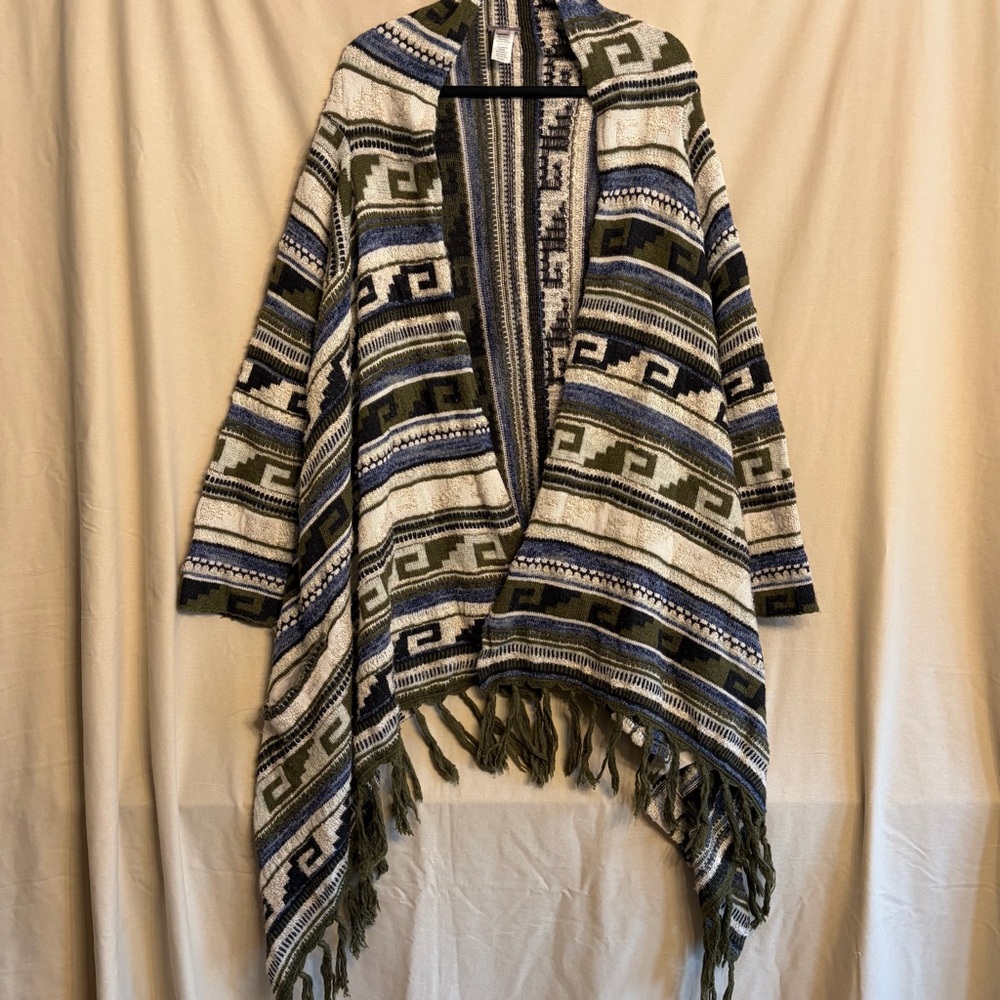 J. Jill XL Olive Green/Navy/Cream Striped Aztec Knit Fringed Open Cardigan